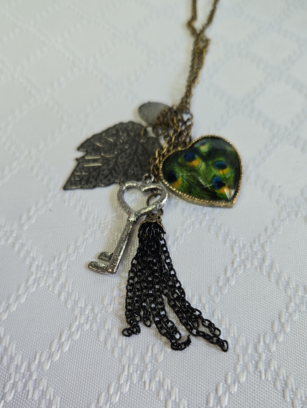 Fashion Jewelry Peacock Heart & Key Layered Pendant Necklace - Green & Blue